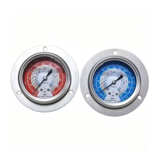 Red high-pressure and blue low-pressure oil-filled gauges with mounting flanges for refrigeration condensing units